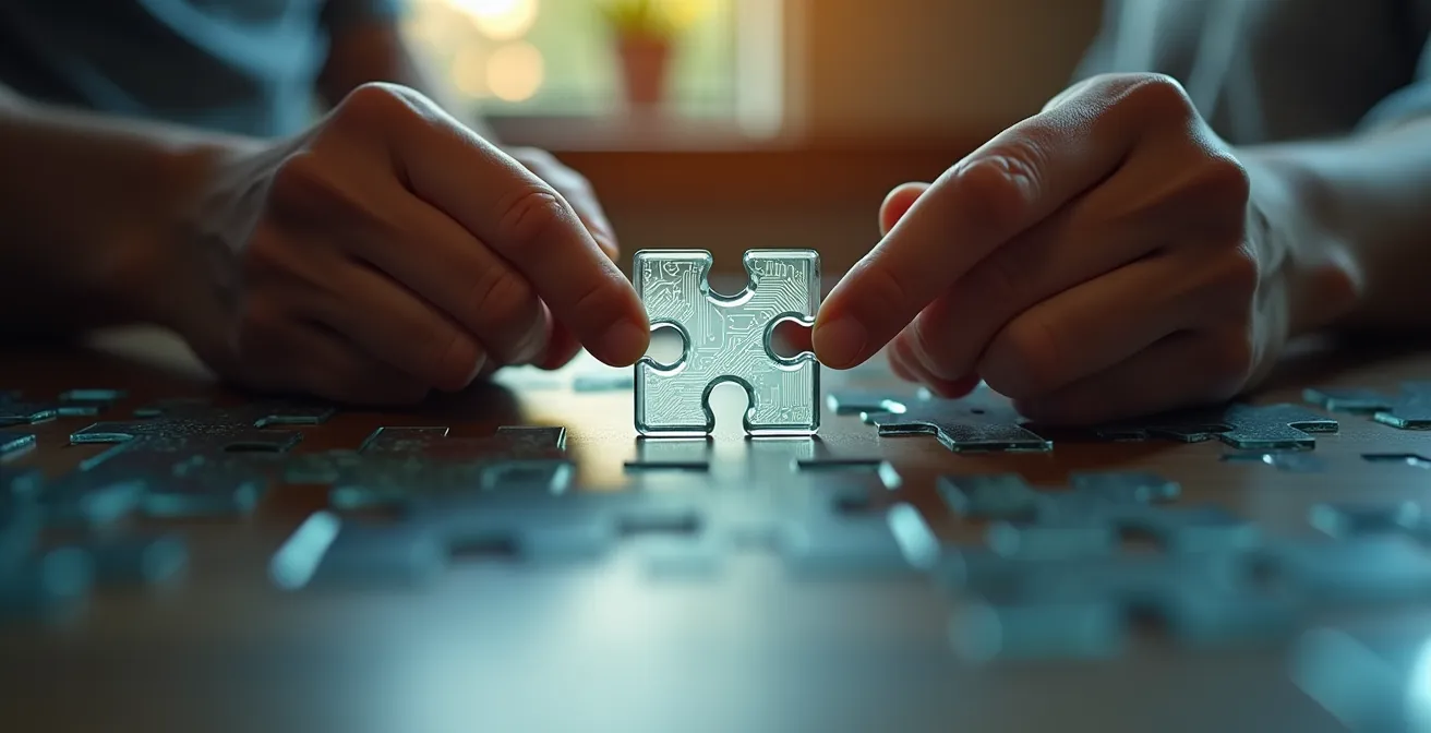 Gros plan sur des mains assemblant un puzzle complexe représentant un système