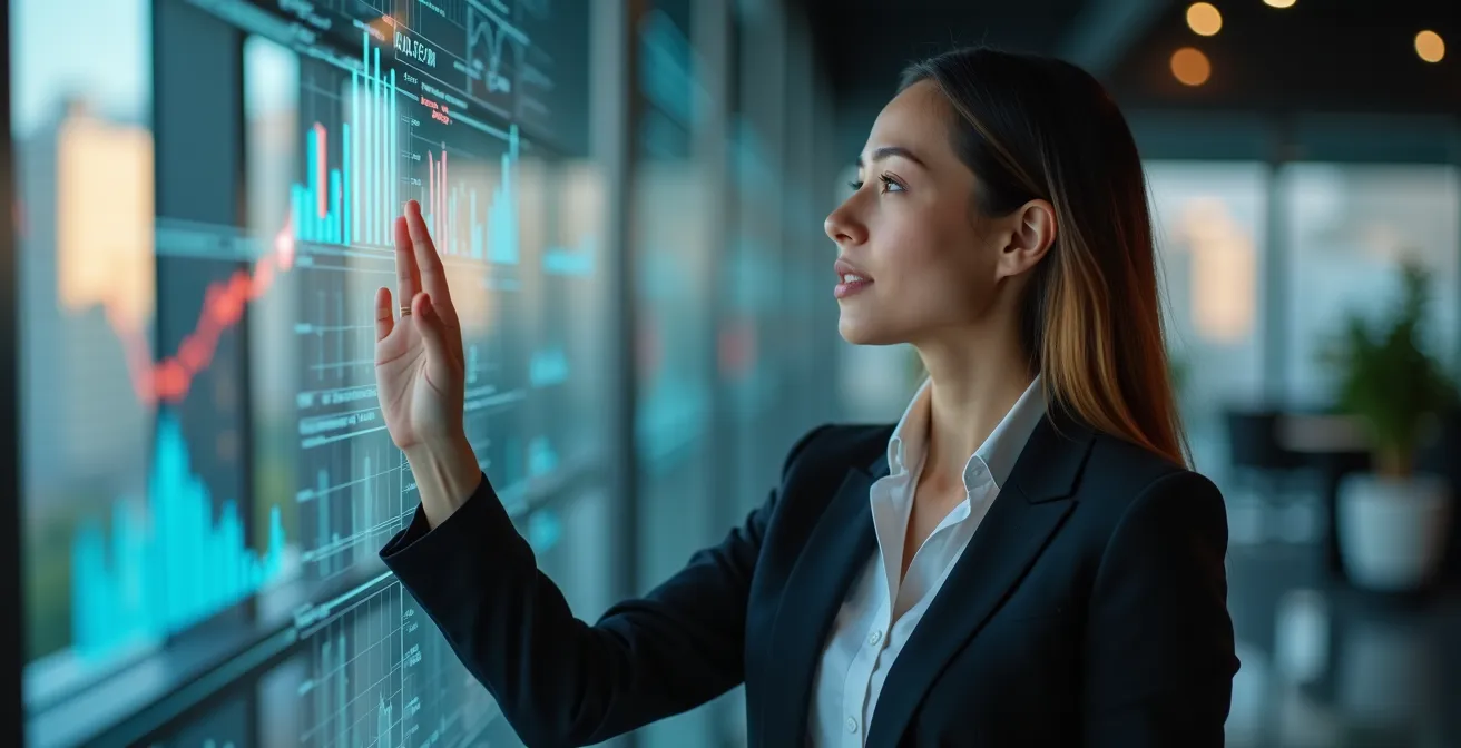 Femme professionnelle analysant des graphiques holographiques flottants