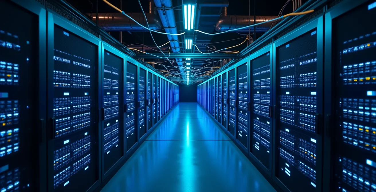 Vue aérienne d'un data center avec connexions lumineuses entre serveurs