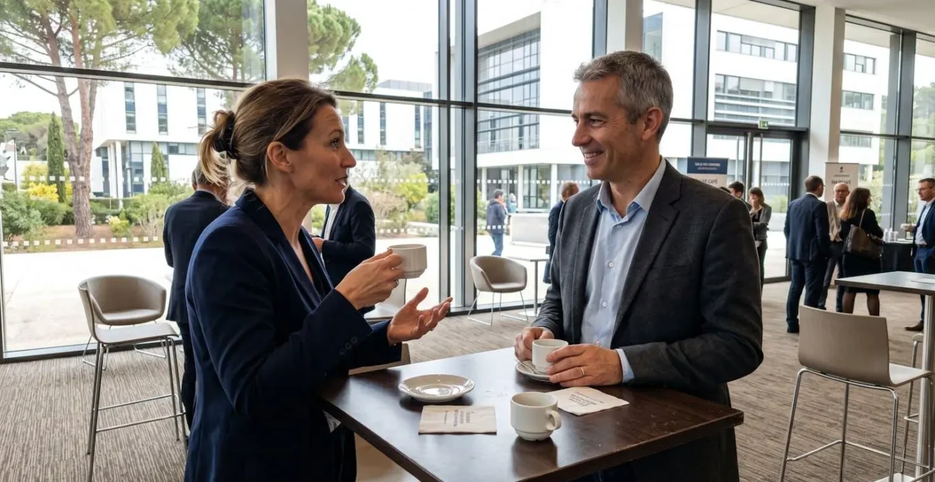 Deux professionnels échangent debout près d'une baie vitrée lors d'une pause séminaire dans un espace lumineux contemporain