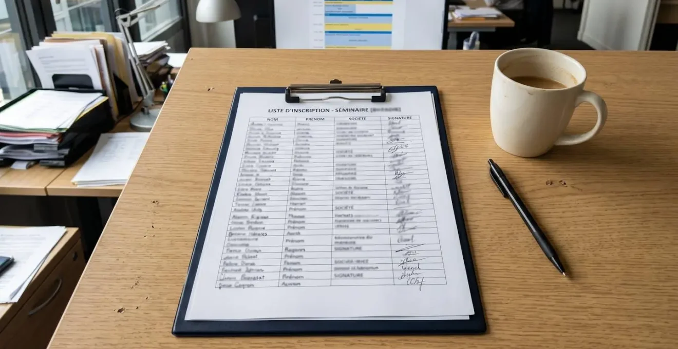 Vue de dessus montrant des documents de réservation séminaire avec liste de participants et cases à cocher pour confirmations tardives