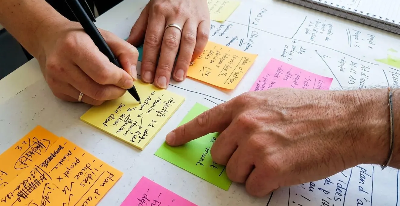Gros plan sur des mains en train de collaborer avec des post-its colorés sur un paperboard