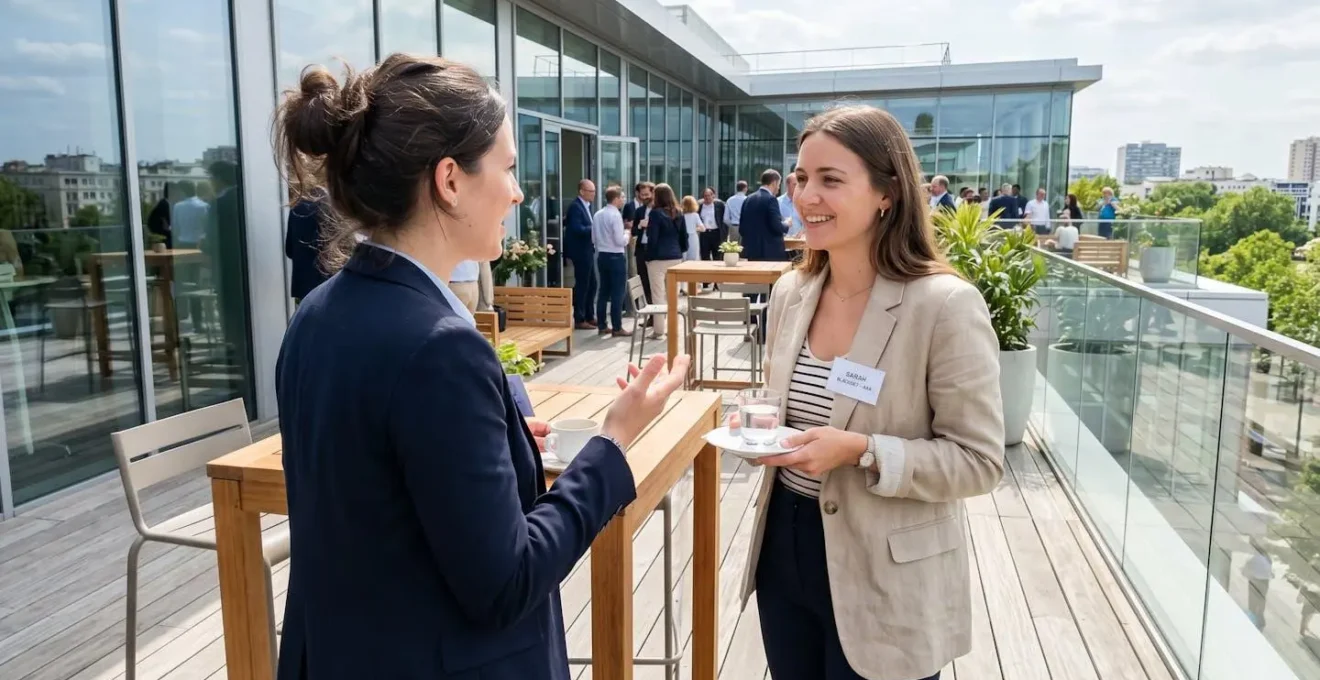 Deux professionnels en discussion informelle lors d'une pause séminaire sur une terrasse lumineuse