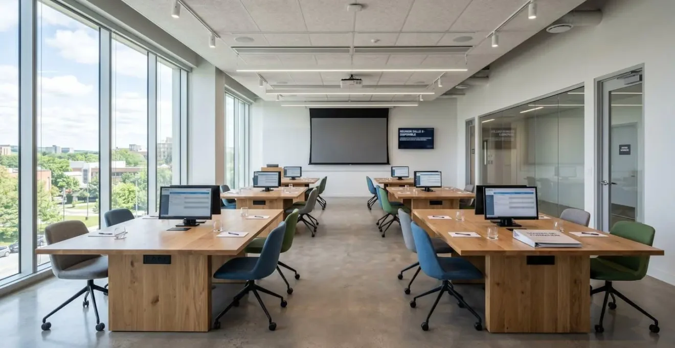 Salle de séminaire moderne et lumineuse avec disposition en îlots collaboratifs, baies vitrées donnant sur un jardin