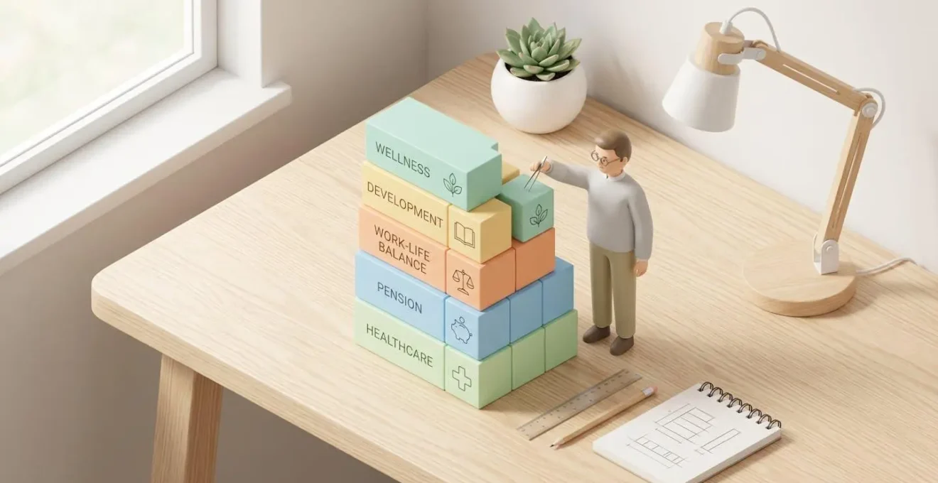 Un architecte miniature construisant une maquette structurée, symbolisant la construction d'une politique d'avantages cohérente.
