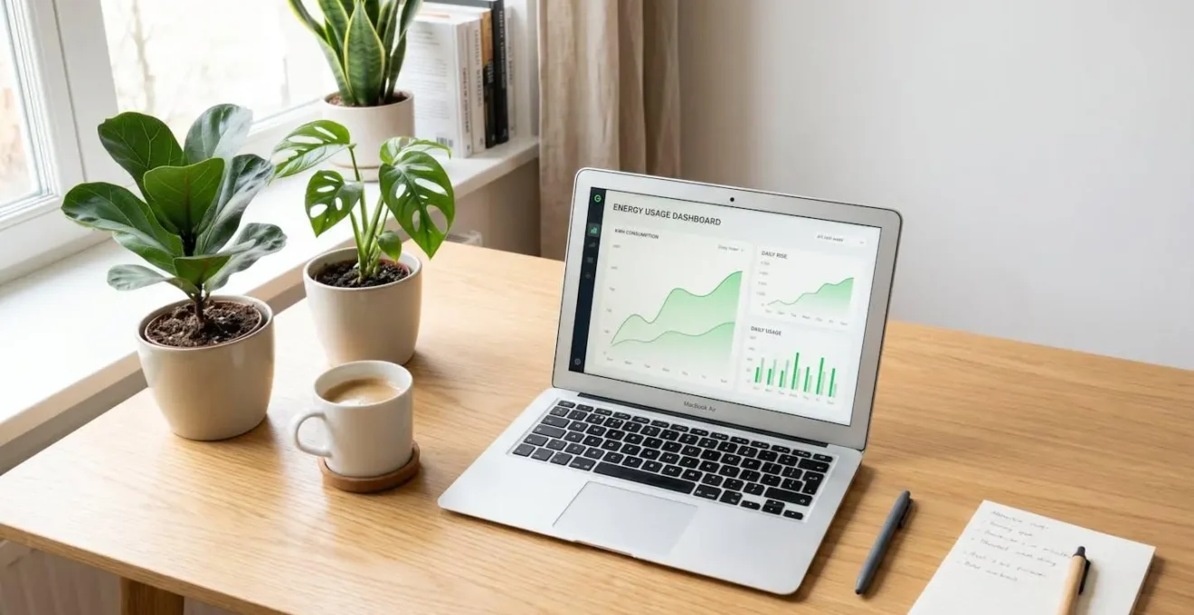 Bureau lumineux avec ordinateur affichant des graphiques de performance énergétique en hausse, plantes vertes.