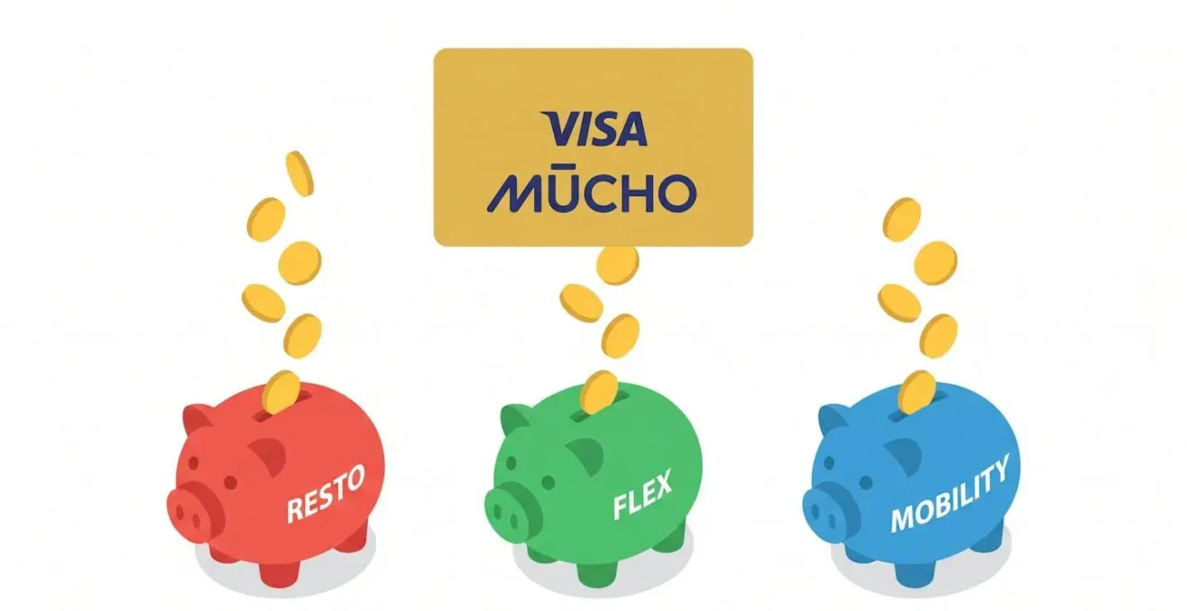 Carte Visa Mūcho au-dessus de trois cagnottes colorées représentant les titres-restaurant, la cagnotte Flex et la mobilité.
