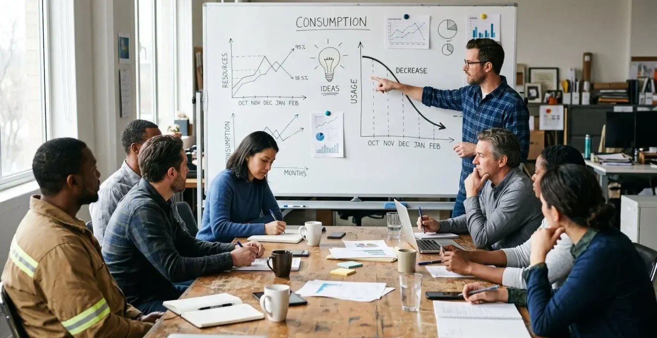 Collaborateurs en réunion de sensibilisation aux économies d'énergie, tableau blanc avec graphiques.