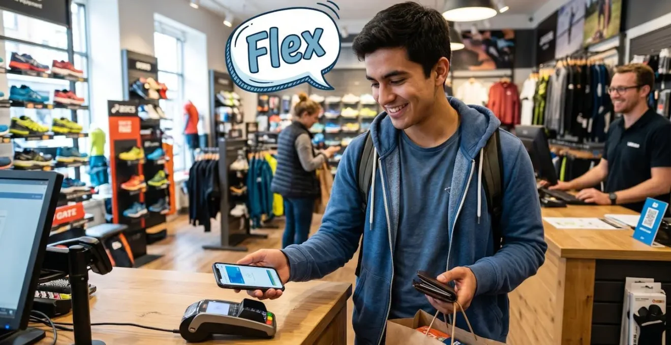 Un homme paie avec son smartphone dans un magasin, illustrant l'utilisation de la cagnotte Flex.