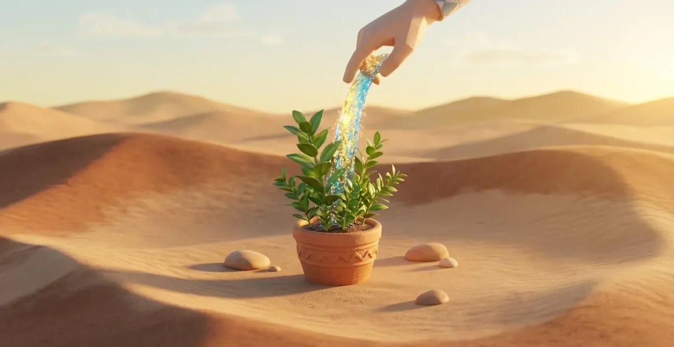 Un pot de fleurs contenant une plante florissante dans un désert, symbolisant la croissance accessible.
