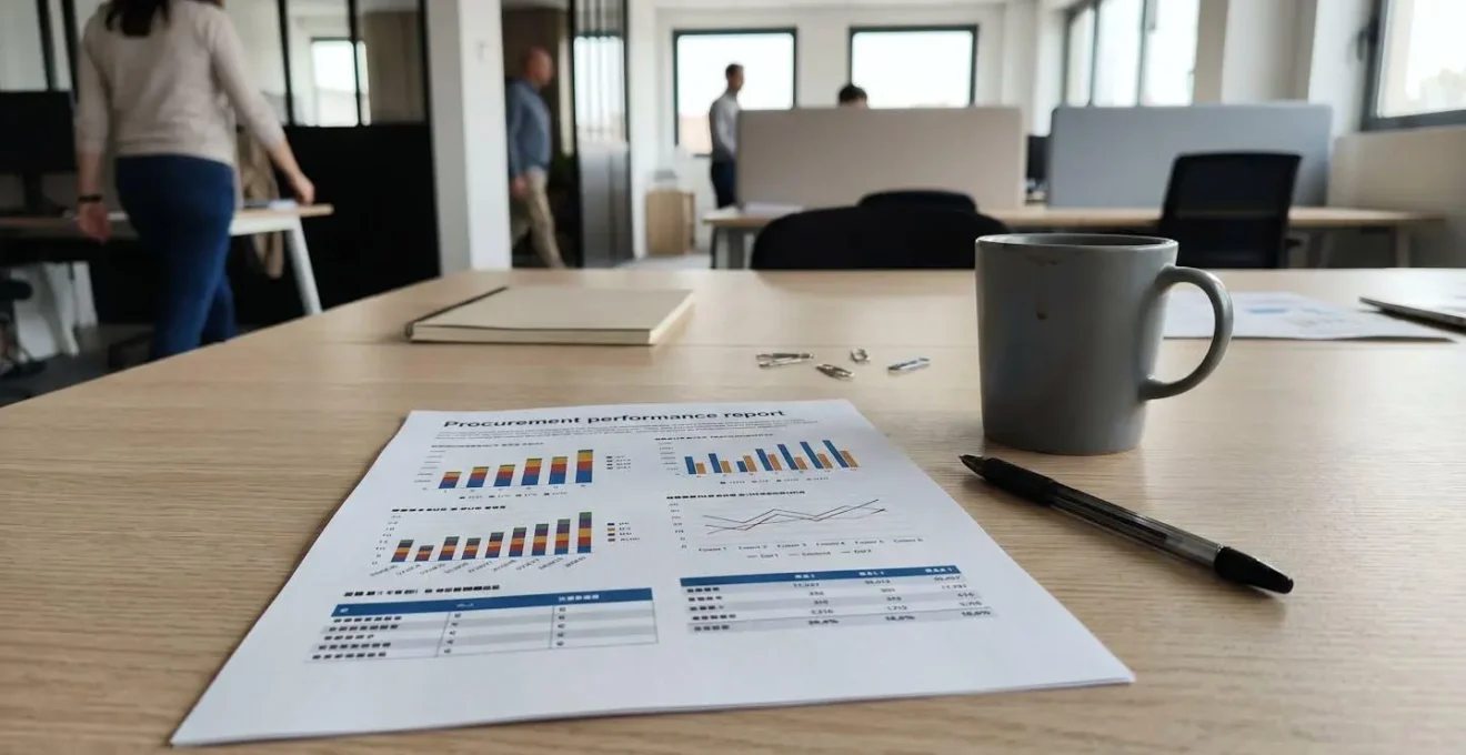 Rapport de performance achats avec graphiques et indicateurs posé sur un bureau professionnel contemporain