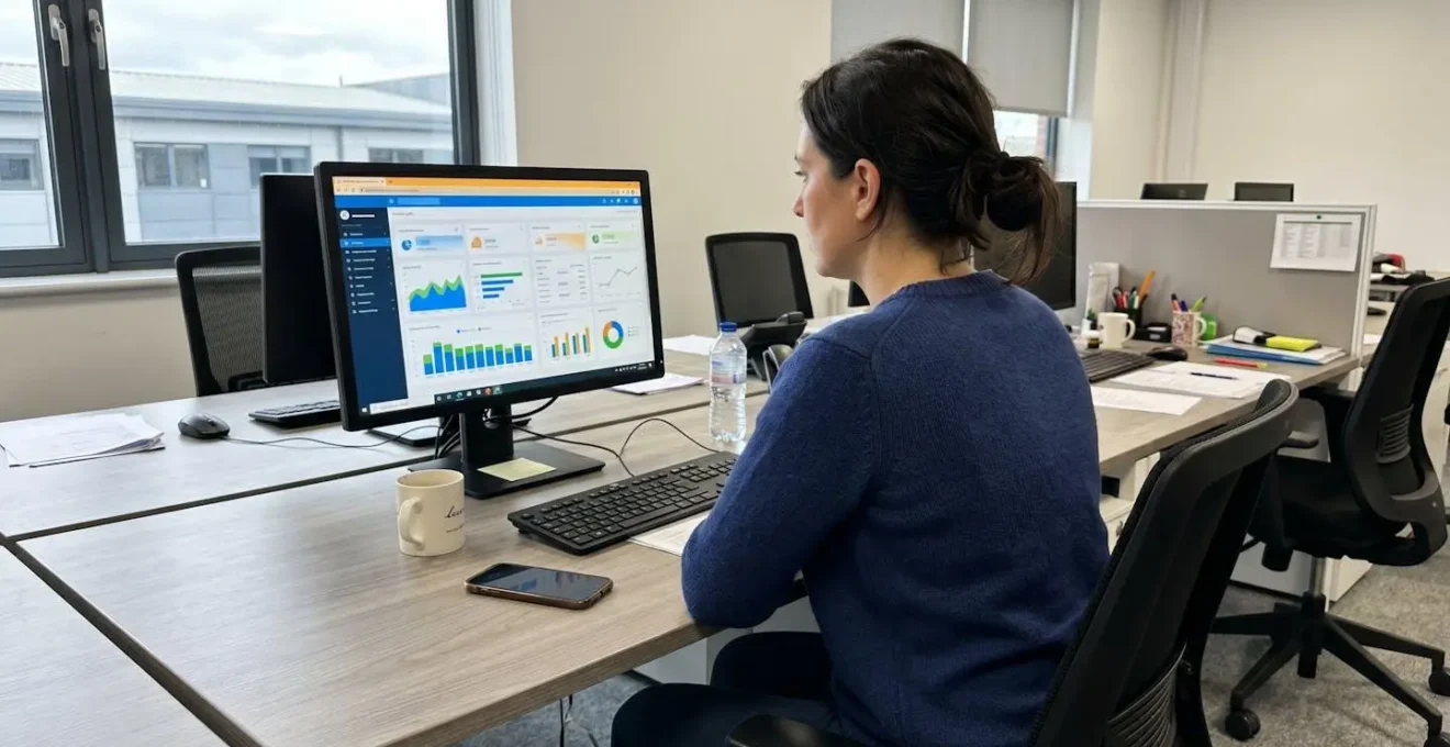 Responsable achats analysant un tableau de bord de performance sur son ordinateur dans un bureau contemporain