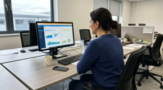 Responsable achats analysant un tableau de bord de performance sur son ordinateur dans un bureau contemporain
