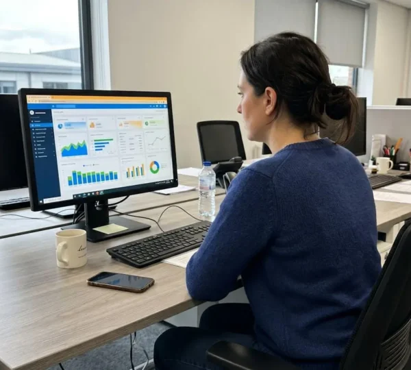 Responsable achats analysant un tableau de bord de performance sur son ordinateur dans un bureau contemporain