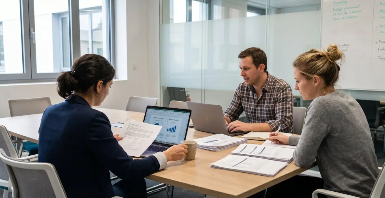 Équipe achats et opérations en réunion collaborative autour d'une table de travail contemporaine