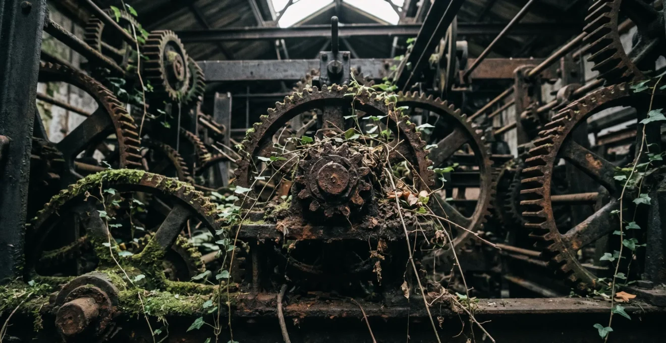 Gros plan d'un ancien mécanisme d'horloge industrielle rouillé avec engrenages grippés envahis par de la mousse et du lierre, symbolisant l'obsolescence des infrastructures traditionnelles