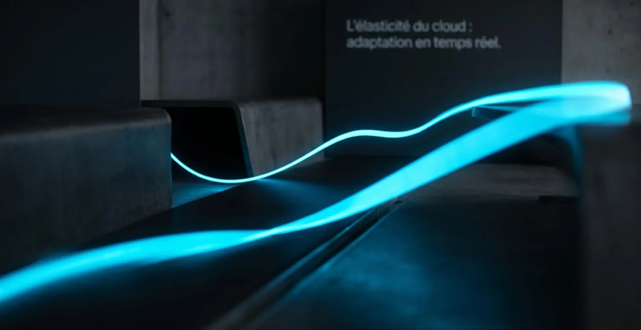 Illustration 3D minimaliste de sphères translucides bleu glacier de tailles variables flottant et se divisant organiquement dans l'espace, symbolisant la scalabilité élastique du cloud computing
