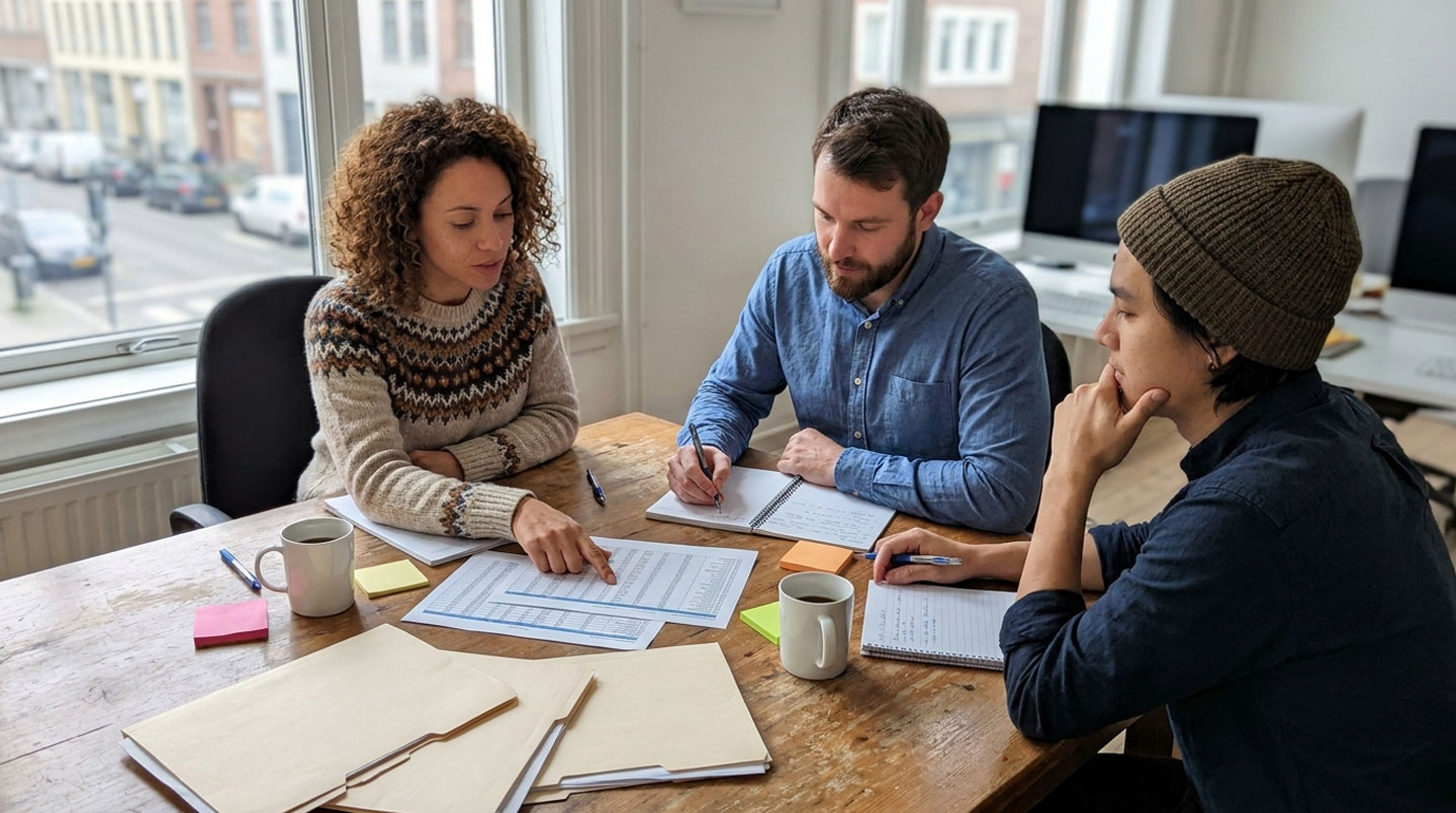 Commercial et comptable collaborant sur la résolution d'un litige client en consultant ensemble un dossier partagé sur tablette