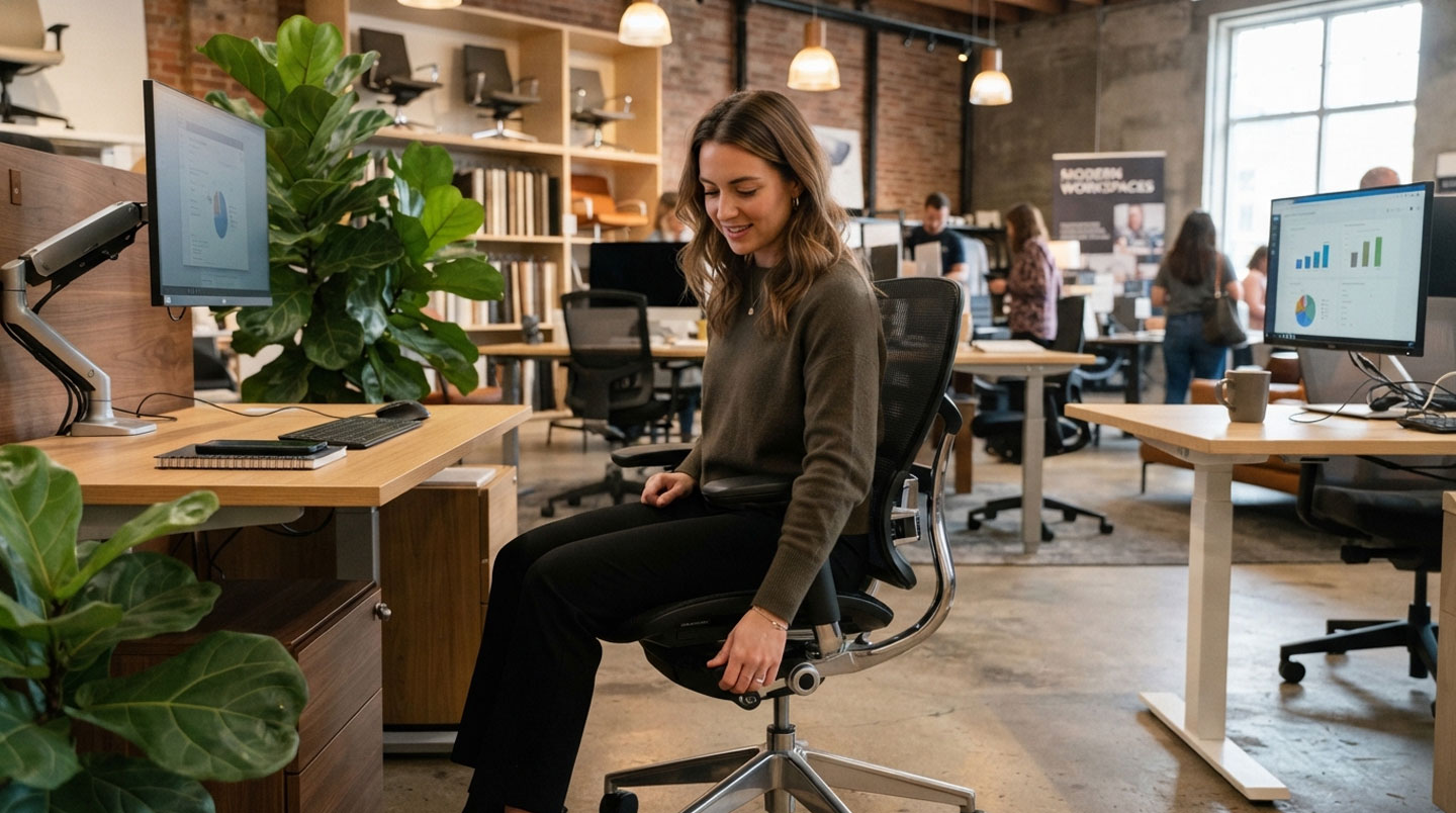 Showroom de mobilier de bureau ergonomique présentant une gamme de sièges à dossiers réglables et bureaux assis-debout dans un espace d'exposition lumineux et contemporain