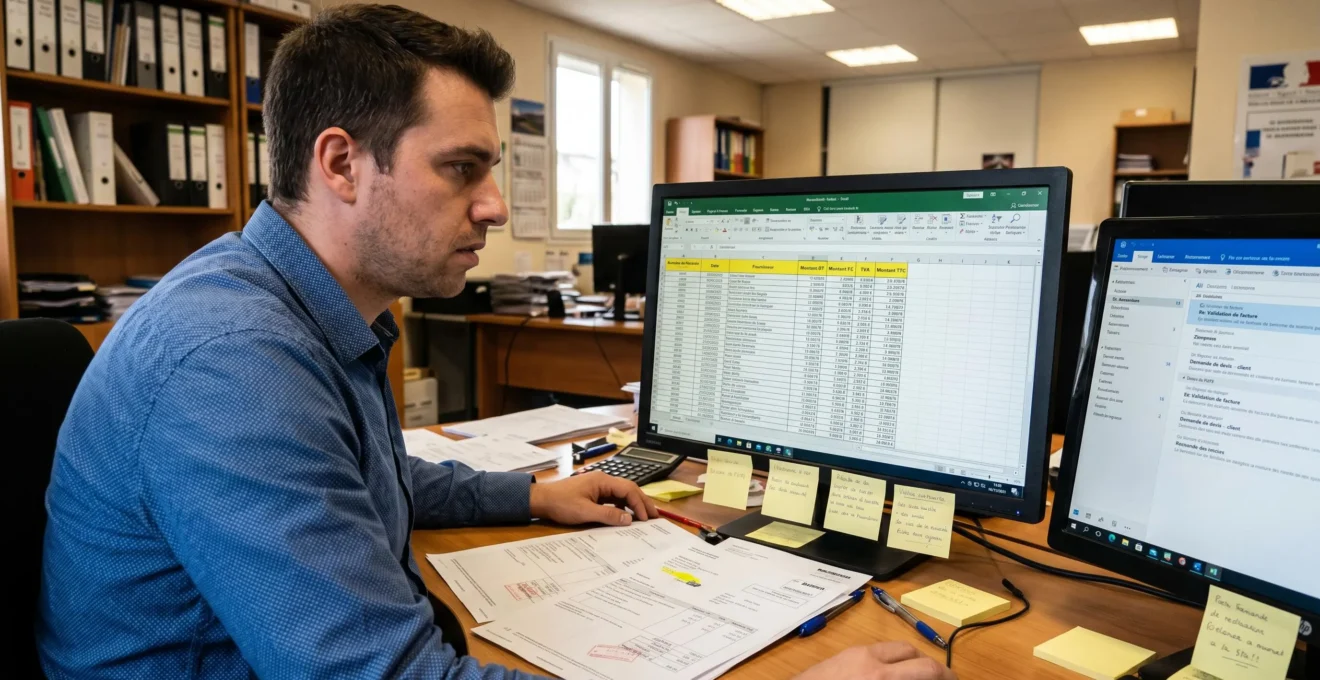 Assistant comptable jonglant entre un tableur Excel de suivi de créances, une boîte email ouverte et des factures papier sur son bureau