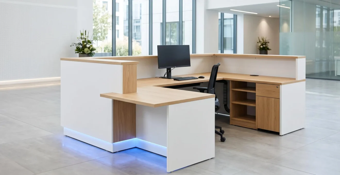 Banque d'accueil professionnelle design en blanc et bois clair avec éclairage LED intégré et plateau ergonomique incluant zone PMR accessible