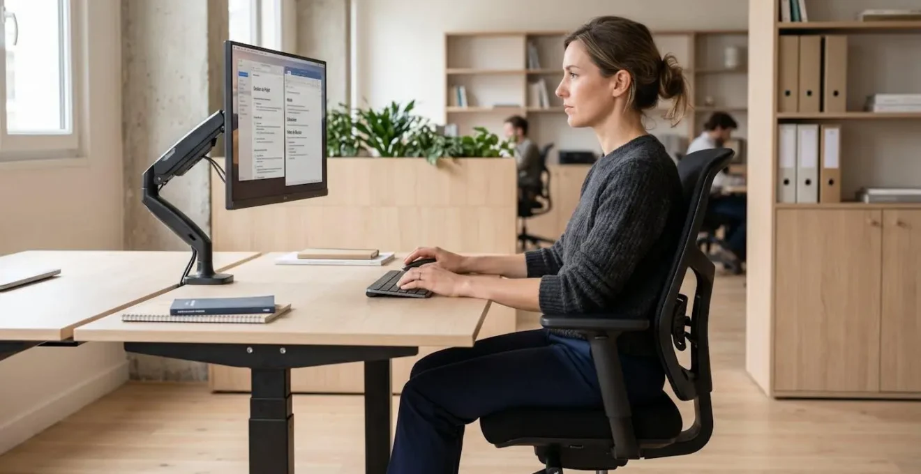 Collaboratrice travaillant confortablement sur poste ergonomique avec siège à soutien lombaire ajusté, écran à hauteur des yeux et posture de travail saine