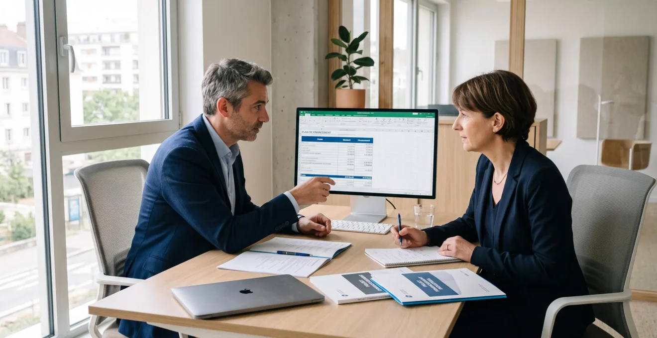 Consultant en financement d'entreprise et dirigeante de PME travaillant ensemble sur un dossier de subvention dans un bureau contemporain français