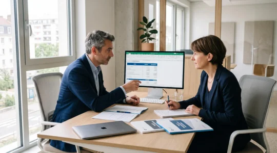 Consultant en financement d'entreprise et dirigeante de PME travaillant ensemble sur un dossier de subvention dans un bureau contemporain français