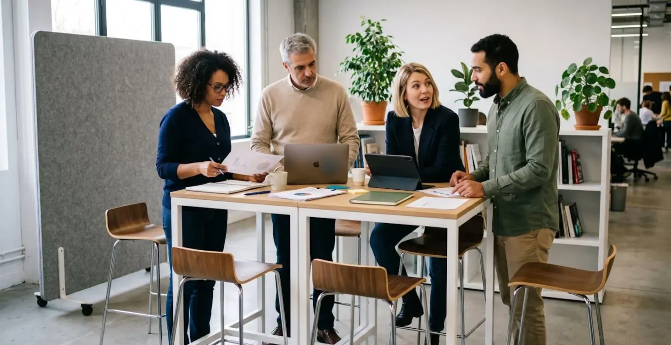 Équipe professionnelle en réunion collaborative debout autour d'une table haute modulable dans un espace de travail moderne équipé de mobilier flexible