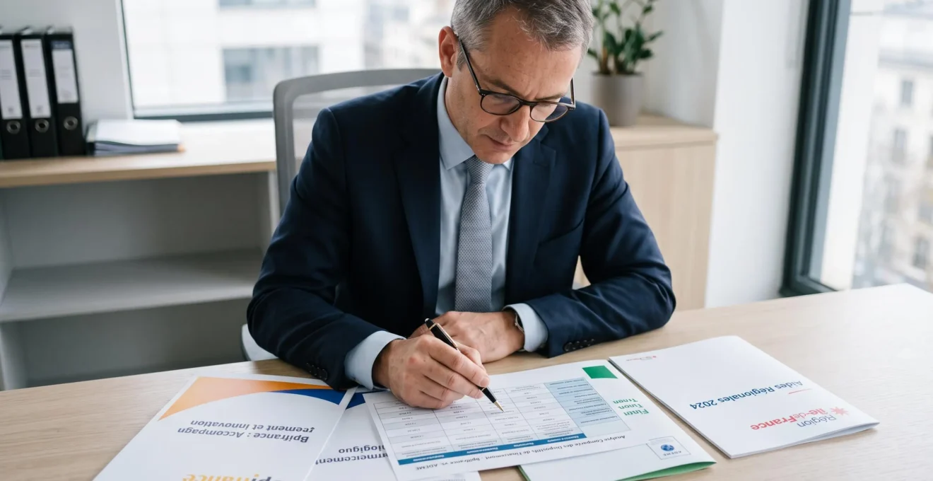Expert financier analysant et comparant plusieurs dossiers de dispositifs d'aides publiques (Bpifrance, ADEME, Région) sur son bureau de travail