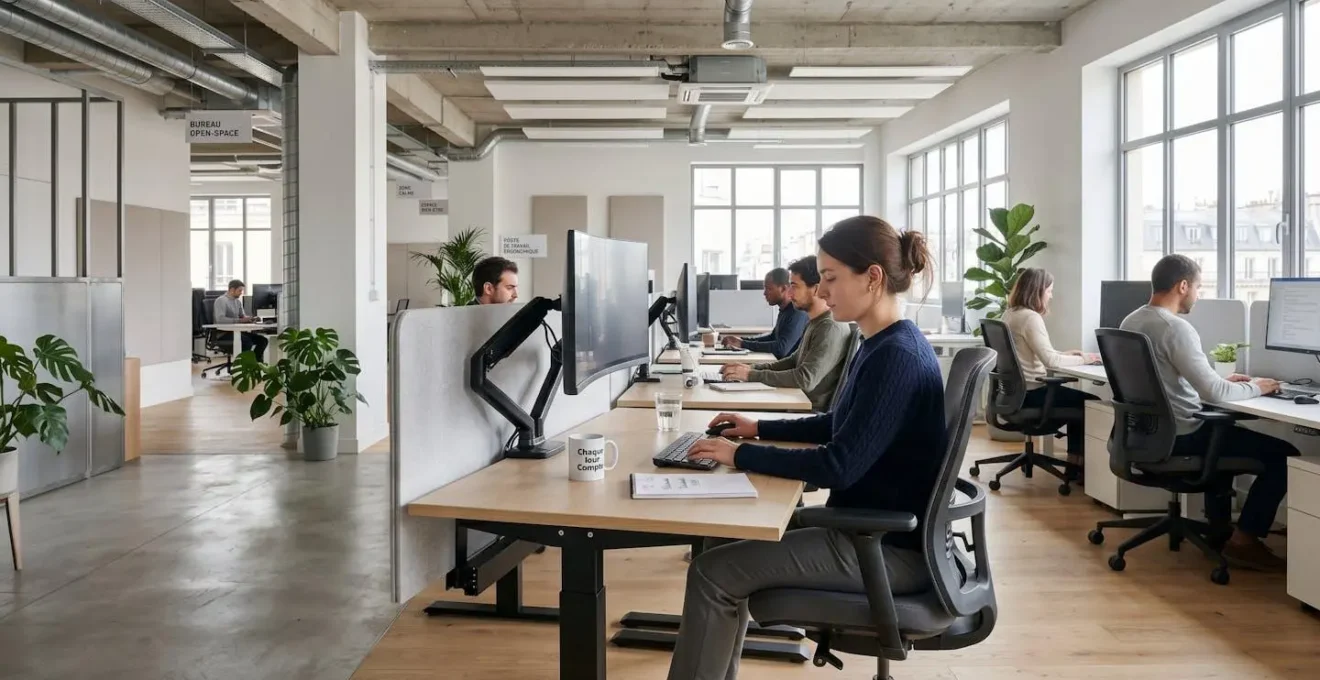 Open space moderne équipé de bureaux assis-debout réglables et sièges ergonomiques à soutien lombaire, collaborateurs travaillant dans des postures saines sous lumière naturelle
