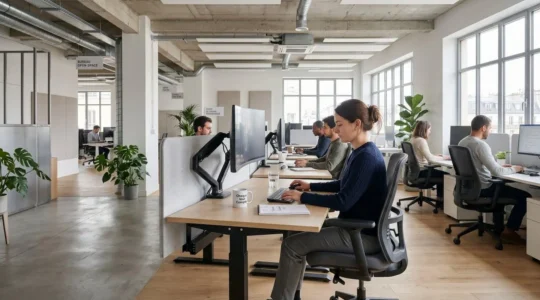 Open space moderne équipé de bureaux assis-debout réglables et sièges ergonomiques à soutien lombaire, collaborateurs travaillant dans des postures saines sous lumière naturelle