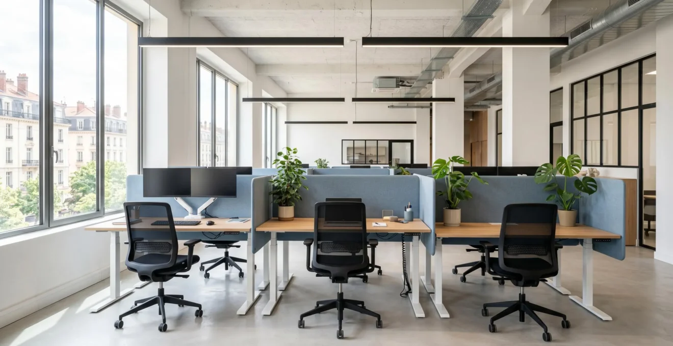 Open-space professionnel moderne avec bureaux modulables à hauteur réglable, cloisons acoustiques mobiles et mobilier ergonomique dans un décor contemporain lumineux