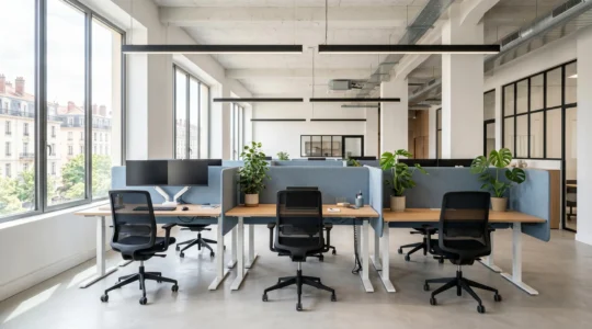 Open-space professionnel moderne avec bureaux modulables à hauteur réglable, cloisons acoustiques mobiles et mobilier ergonomique dans un décor contemporain lumineux