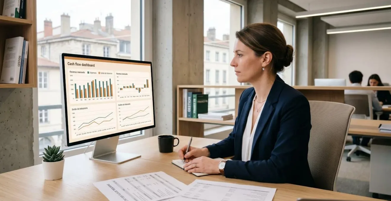 Responsable financière d'une PME analysant un tableau de bord de recouvrement de créances sur son écran d'ordinateur dans un bureau contemporain lumineux