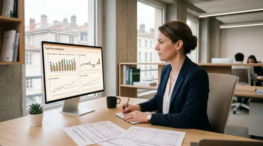 Responsable financière d'une PME analysant un tableau de bord de recouvrement de créances sur son écran d'ordinateur dans un bureau contemporain lumineux
