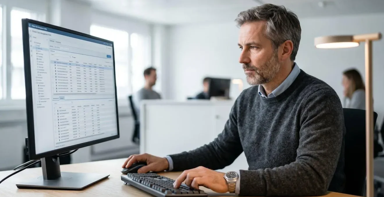 Responsable SI analysant un flux de données produits sur son écran d'ordinateur, pointant du doigt une section de l'interface de gestion