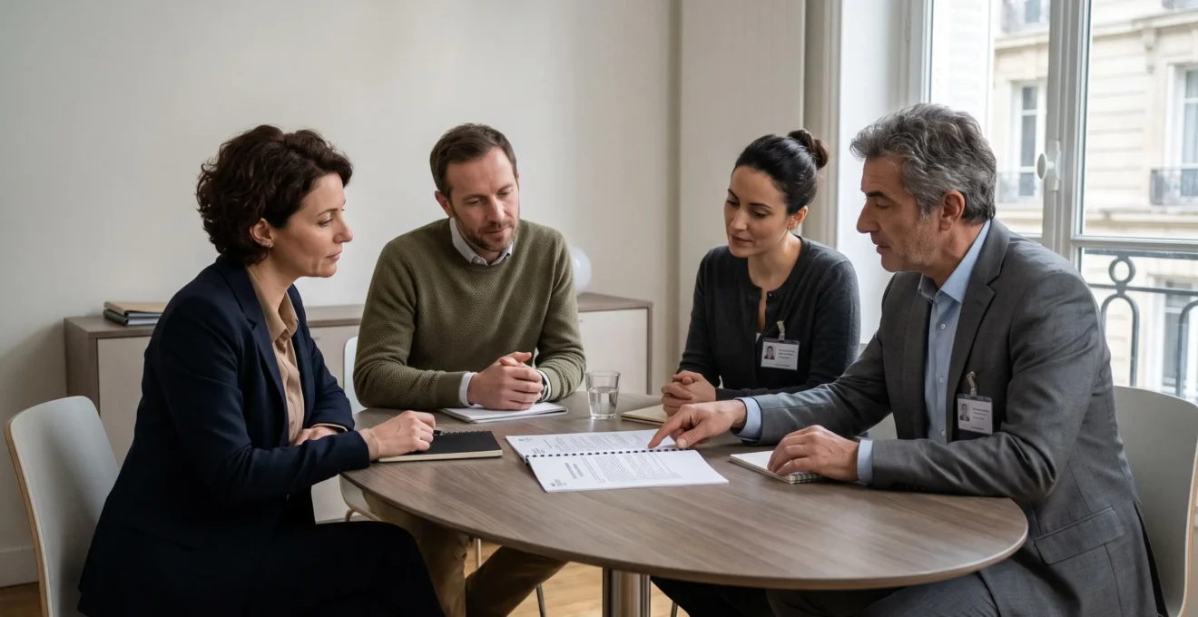 Réunion de coordination entre chef d'entreprise, représentants d'organismes financeurs publics et consultant autour d'un projet de financement