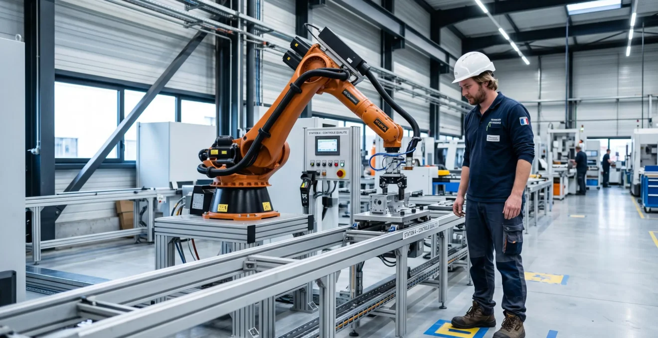Technicien supervisiant un bras robotique sur une ligne de production automatisée dans une usine française moderne