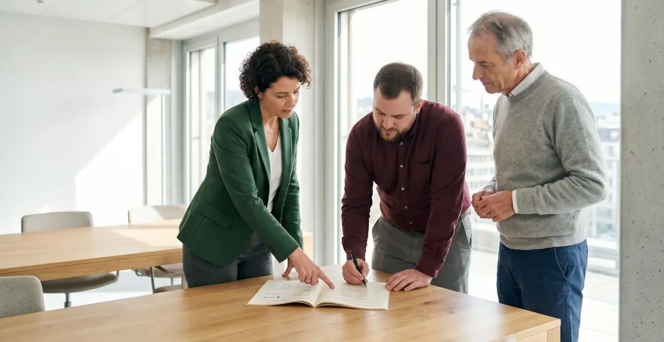 Trois professionnels de profils différents debout autour d'une table de réunion, validant ensemble un document de spécifications techniques projet