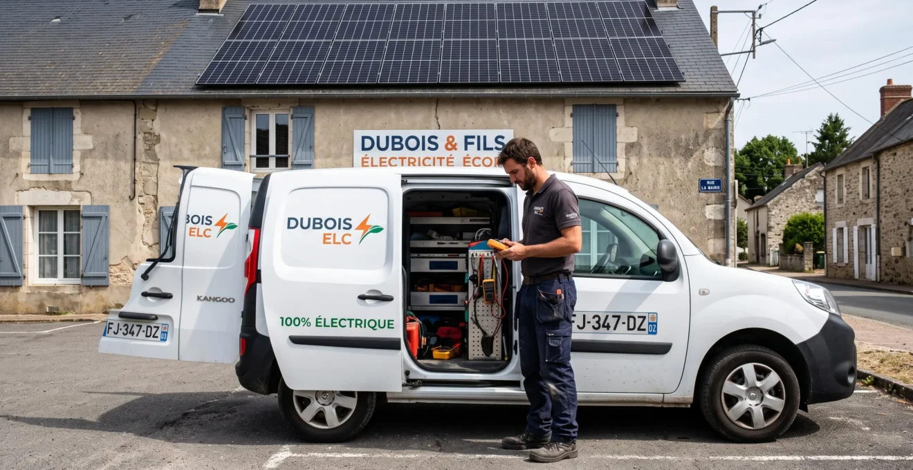 Artisan professionnel devant son véhicule utilitaire électrique avec installation solaire visible sur son local
