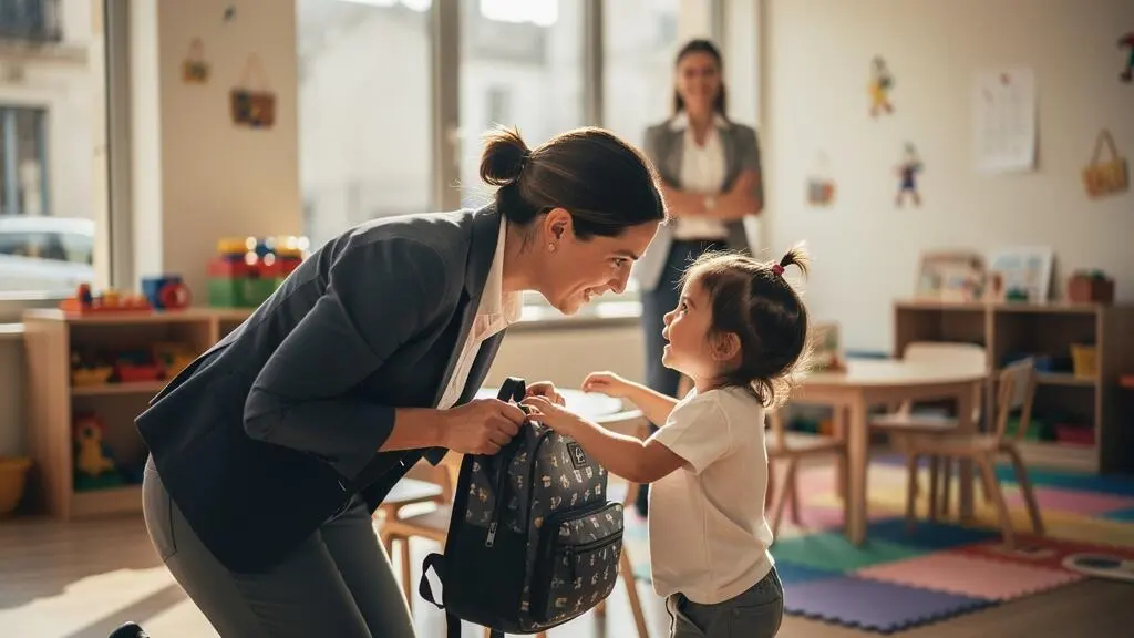 Parent en tenue professionnelle déposant son enfant dans une crèche d'entreprise