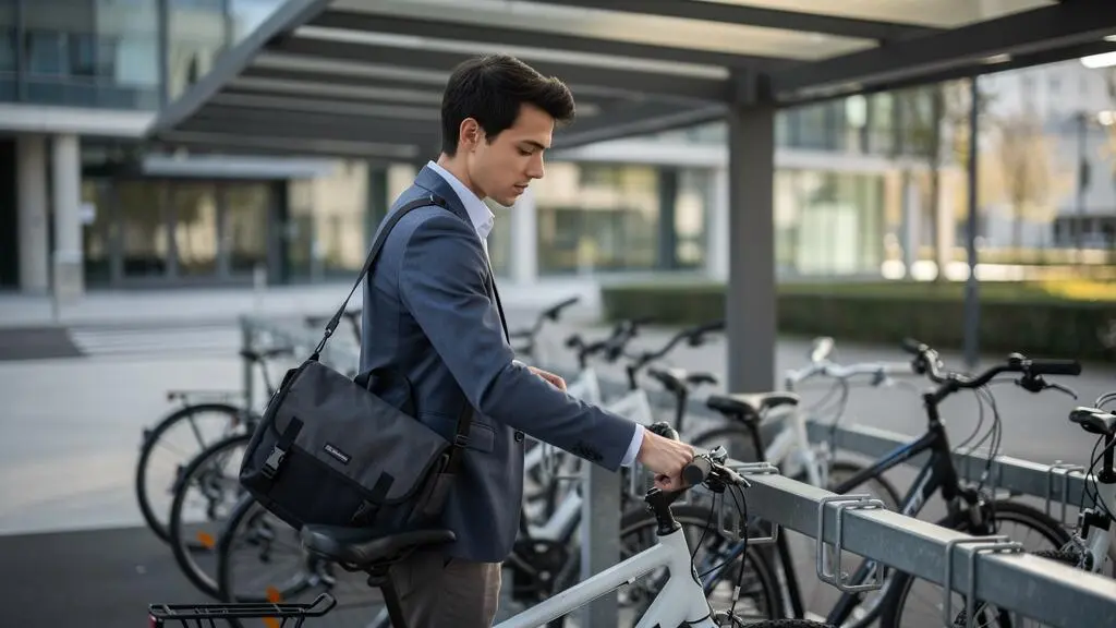 Salarié détachant son vélo dans un parking à vélos sécurisé d'entreprise