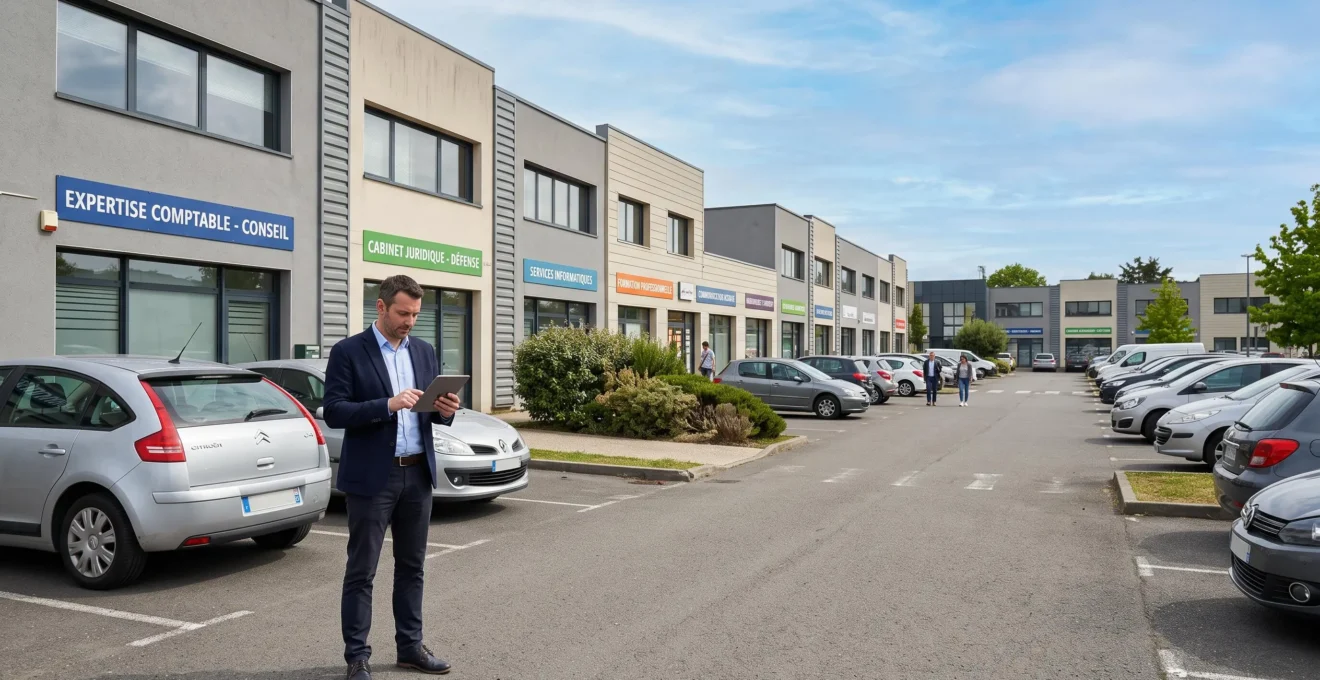 Professionnel consultant une tablette dans une zone d'activités avec plusieurs entreprises de services