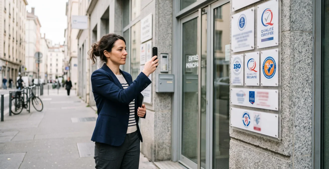 Professionnelle photographiant un panneau de certifications à l'entrée d'une entreprise