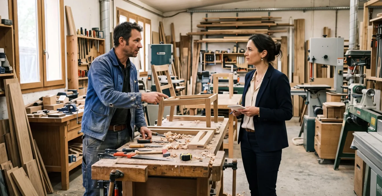Deux professionnels en discussion lors d'une visite d'évaluation dans un atelier artisanal français