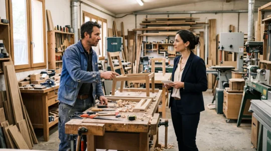 Deux professionnels en discussion lors d'une visite d'évaluation dans un atelier artisanal français