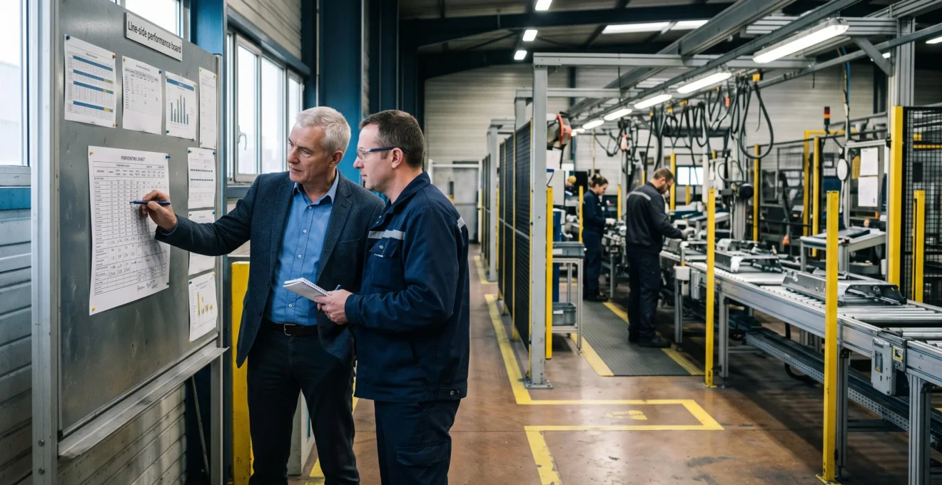 Un consultant et un superviseur analysent un tableau de suivi de production devant une ligne de fabrication dans une usine.