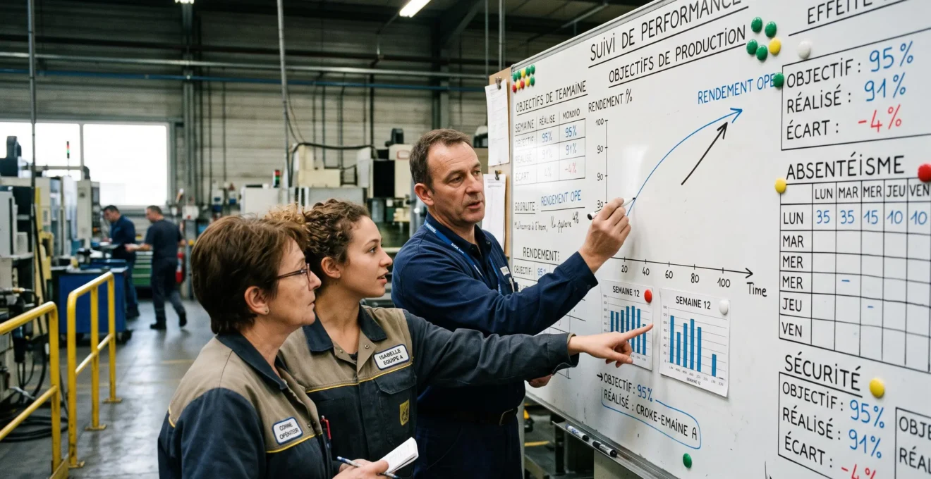 Un superviseur et deux opérateurs discutent devant un tableau de pilotage de la performance en atelier.